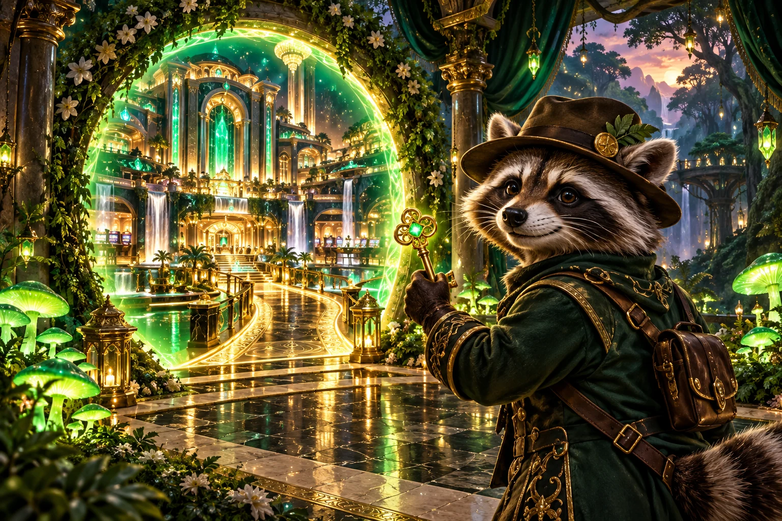 Winoui casino : explorateur raton laveur et portail lumineux dans une forêt émeraude