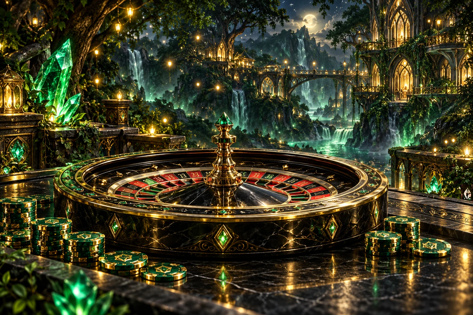 Casino Winoui : roulette et jetons dorés sur une terrasse au cœur d’une forêt enchantée
